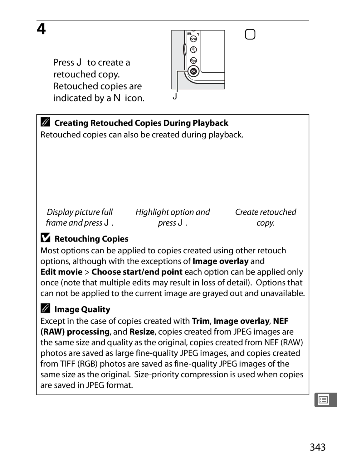 Nikon 25480B Create a retouched Copy, 343, Press Jto create a Retouched copy Retouched copies are, Indicated by a Nicon 