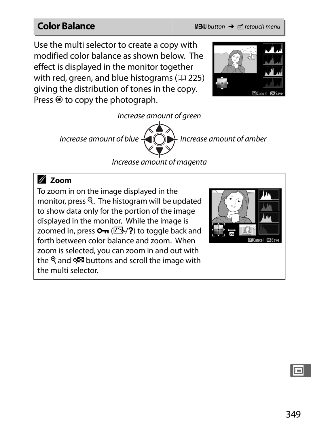 Nikon D800BODY, D800EFXBODY, D800 (Body Only), D800 E (Body Only), 2164+25468, 25480B user manual Color Balance, 349, Zoom 