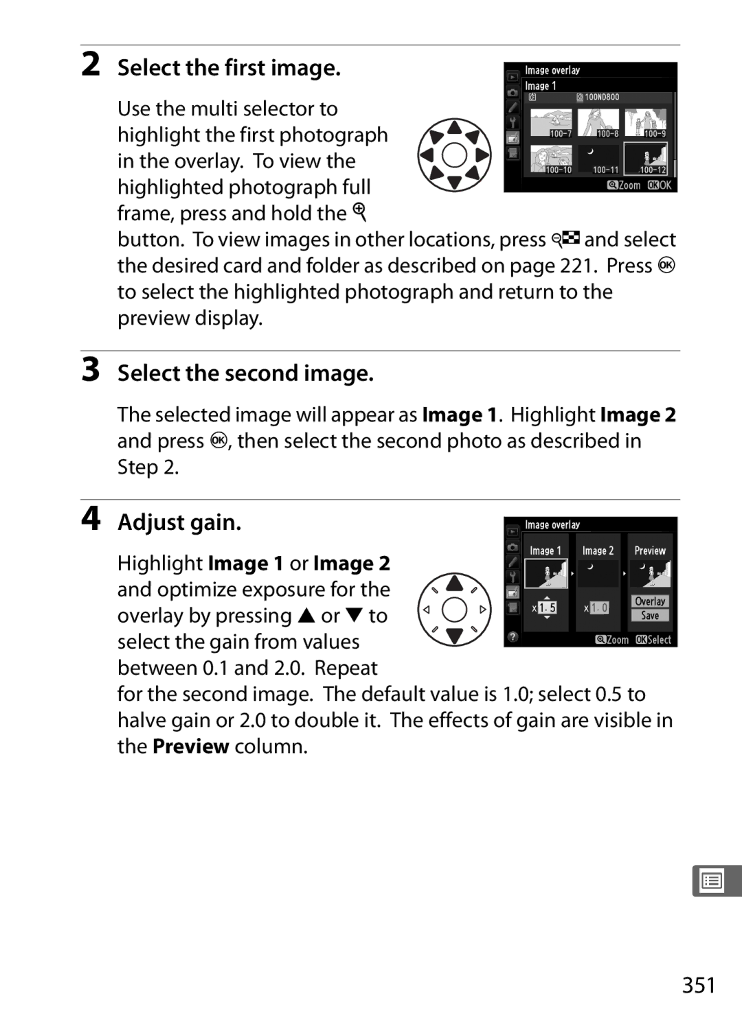 Nikon 2164+25468, D800EFXBODY, D800 (Body Only), D800 E Select the first image, Select the second image, Adjust gain, 351 