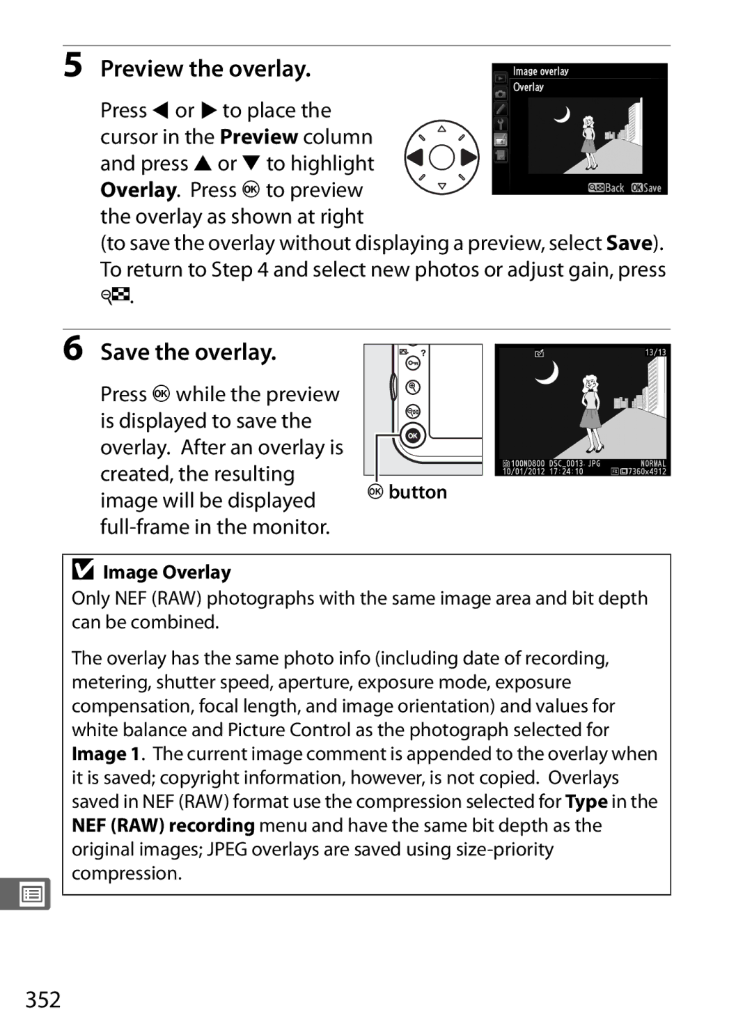 Nikon 25480B, D800EFXBODY Preview the overlay, Save the overlay, 352, Image will be displayed, Full-frame in the monitor 