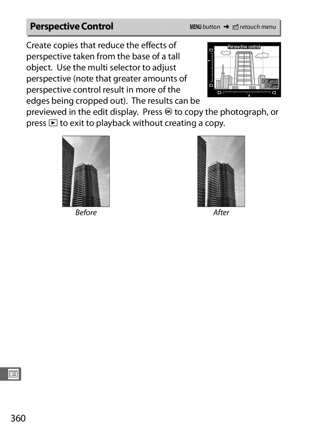 Nikon 2164+25468, D800EFXBODY, D800 (Body Only), D800BODY, D800 E (Body Only), 25480B user manual Perspective Control, 360 