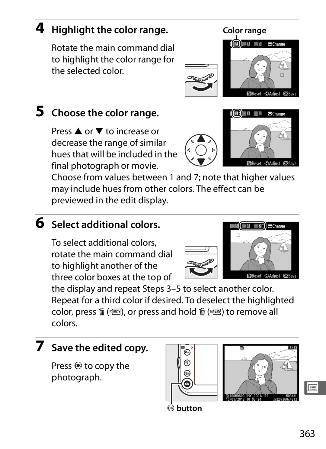 Nikon D800EFXBODY Highlight the color range, Choose the color range, Select additional colors, Save the edited copy, 363 