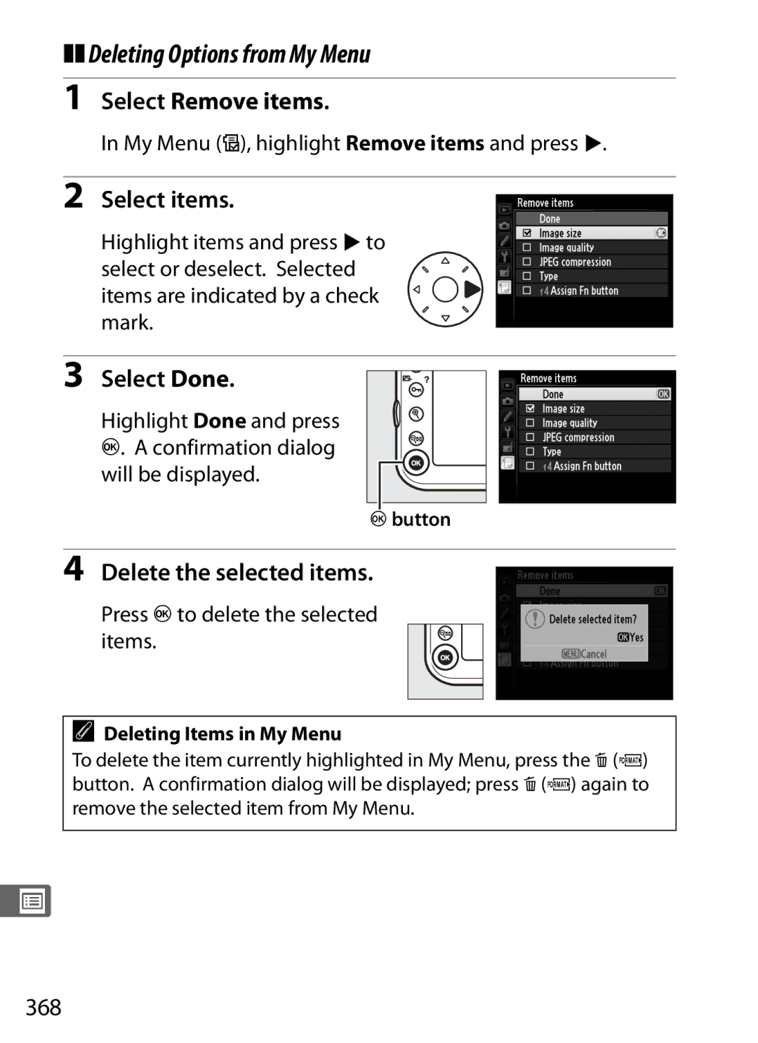 Nikon D800 E (Body Only) Deleting Options from My Menu, Select Remove items, Select items, Delete the selected items, 368 