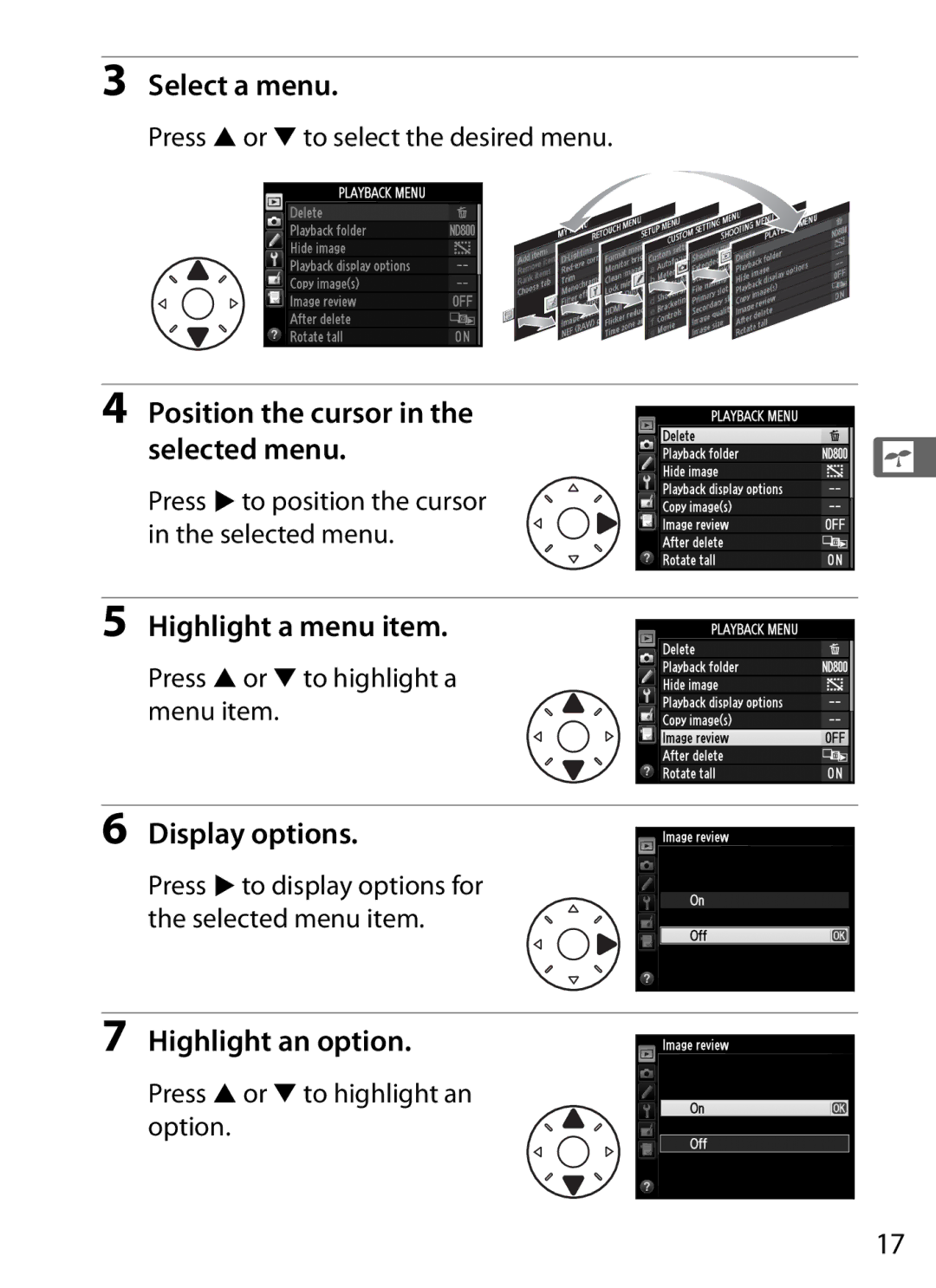 Nikon D800 E (Body Only) Select a menu, Position the cursor in the selected menu, Highlight a menu item, Display options 