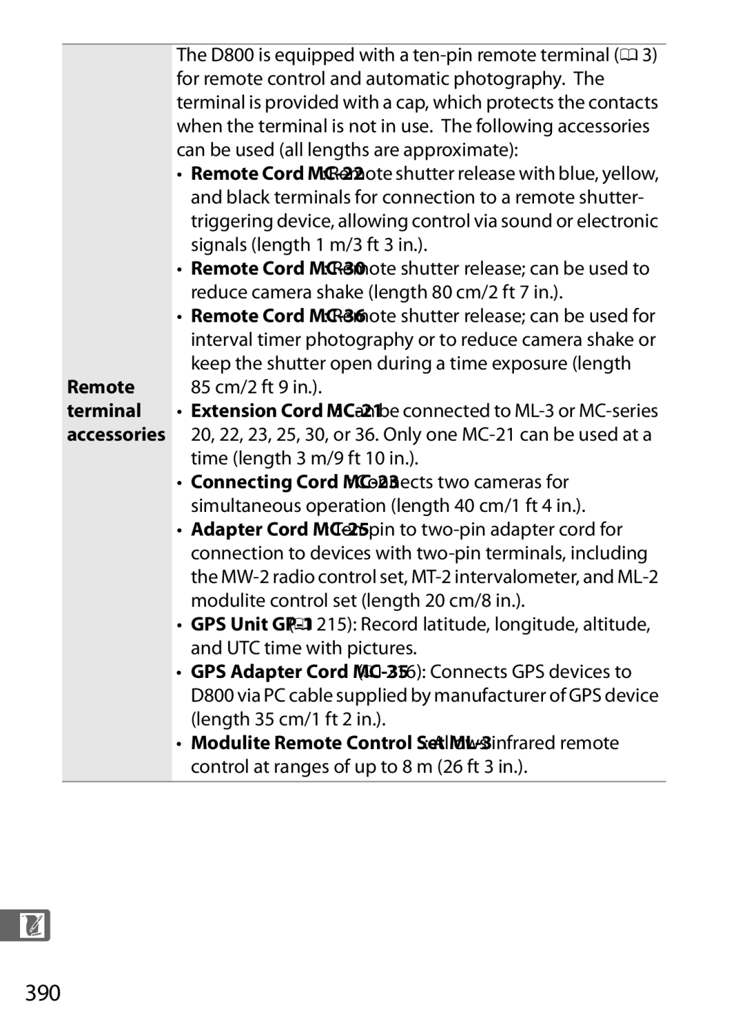 Nikon D800EFXBODY, D800 (Body Only), D800BODY, D800 E (Body Only), 2164+25468, 25480B user manual 390, Remote, Terminal 