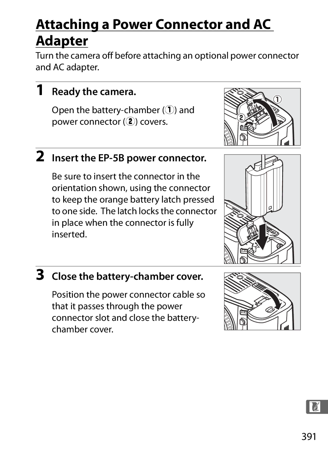 Nikon D800 (Body Only), D800EFXBODY Attaching a Power Connector and AC Adapter, Insert the EP-5B power connector, 391 