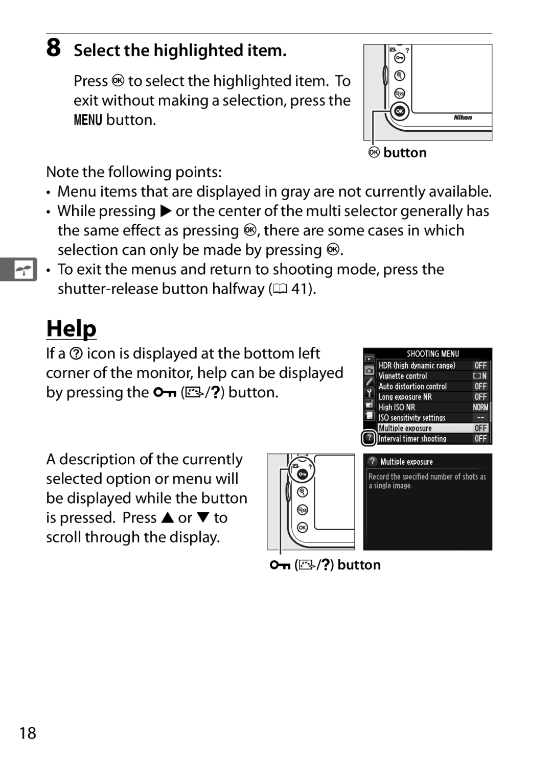 Nikon 2164+25468, D800EFXBODY, D800 (Body Only), D800 E, D800BODY Help, Select the highlighted item, Jbutton, LZ/Q button 