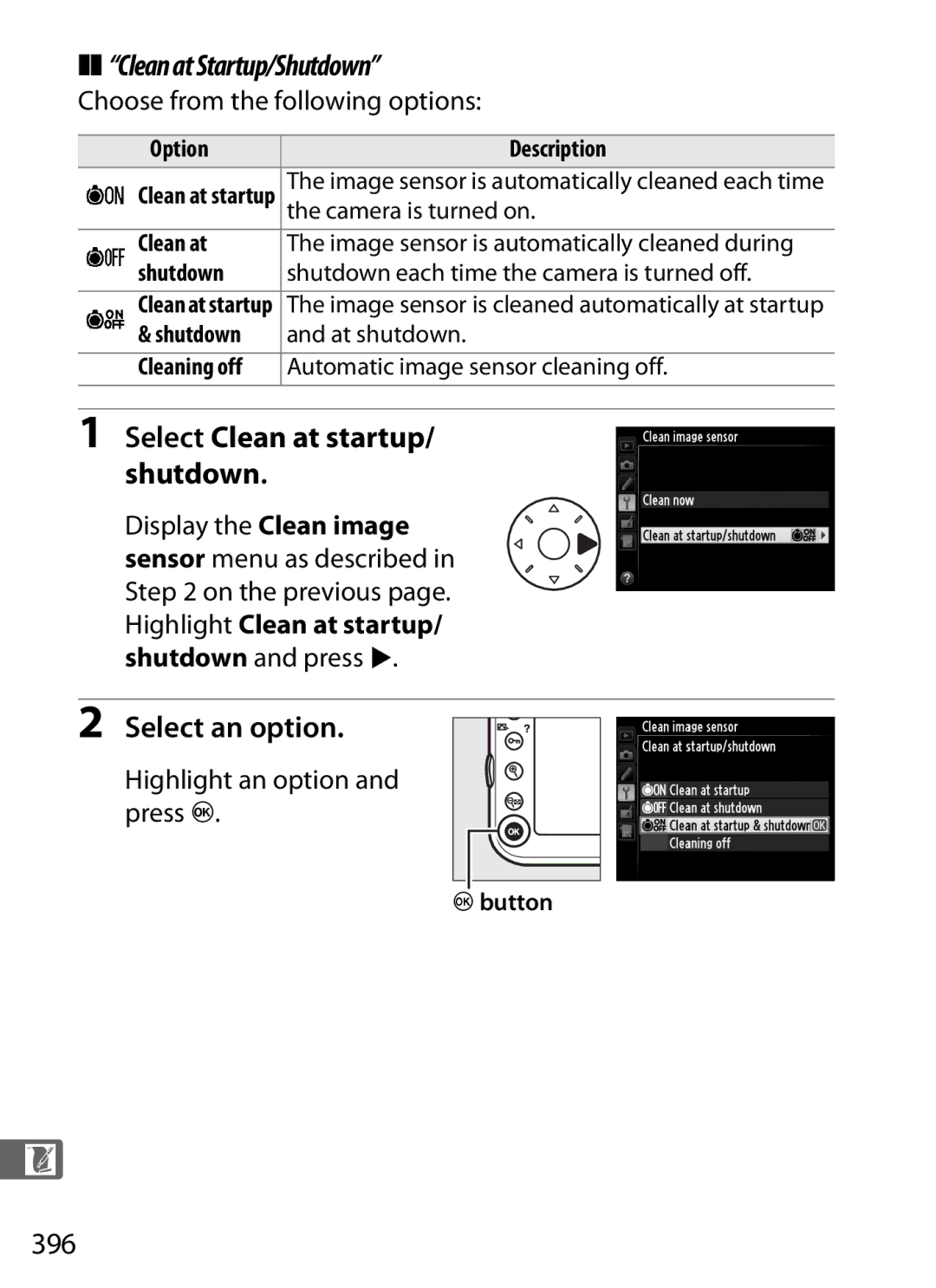 Nikon 2164+25468, D800EFXBODY Select Clean at startup/ shutdown, Select an option, 396, Choose from the following options 