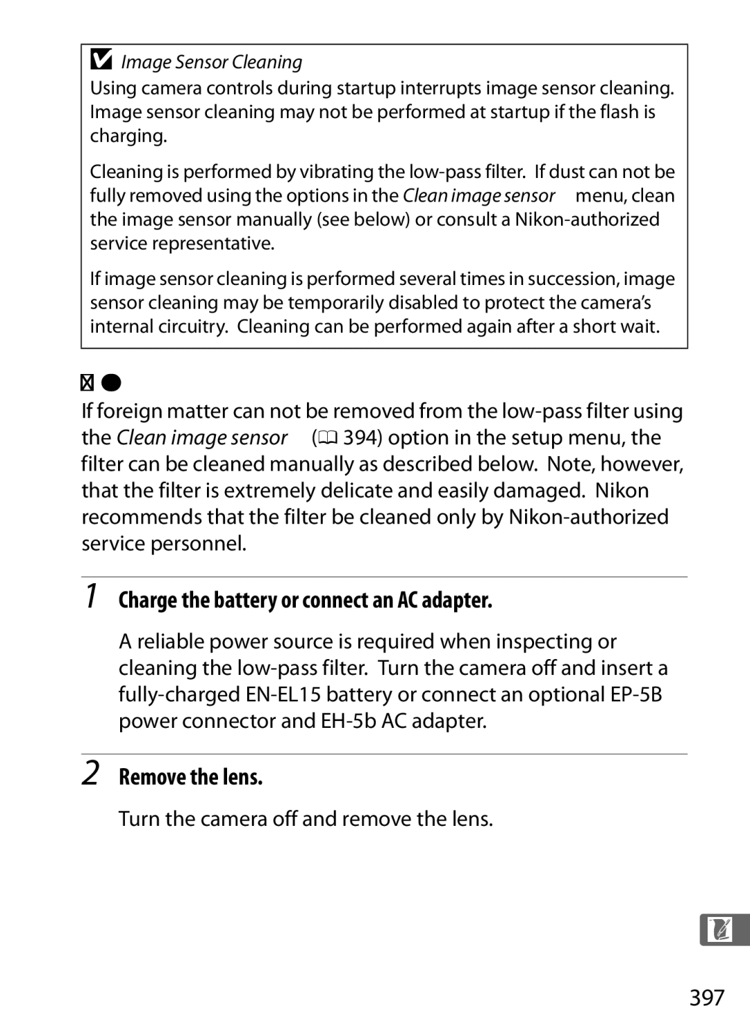 Nikon 25480B Charge the battery or connect an AC adapter, Remove the lens, 397, Turn the camera off and remove the lens 