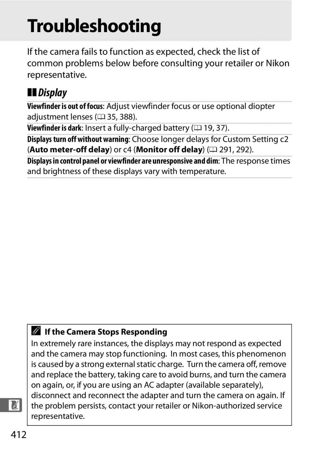 Nikon D800BODY, D800EFXBODY, D800 (Body Only), D800 E, 25480B Troubleshooting, Display, 412, If the Camera Stops Responding 