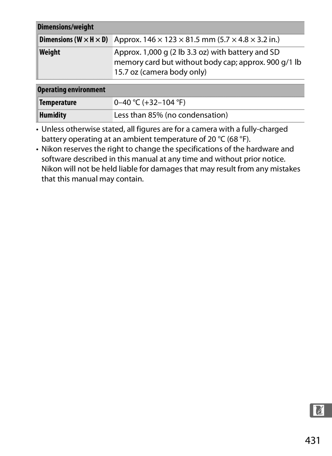 Nikon D800 E (Body Only), D800EFXBODY, D800 (Body Only), D800BODY 431, Dimensions/weight, Weight, Temperature, Humidity 