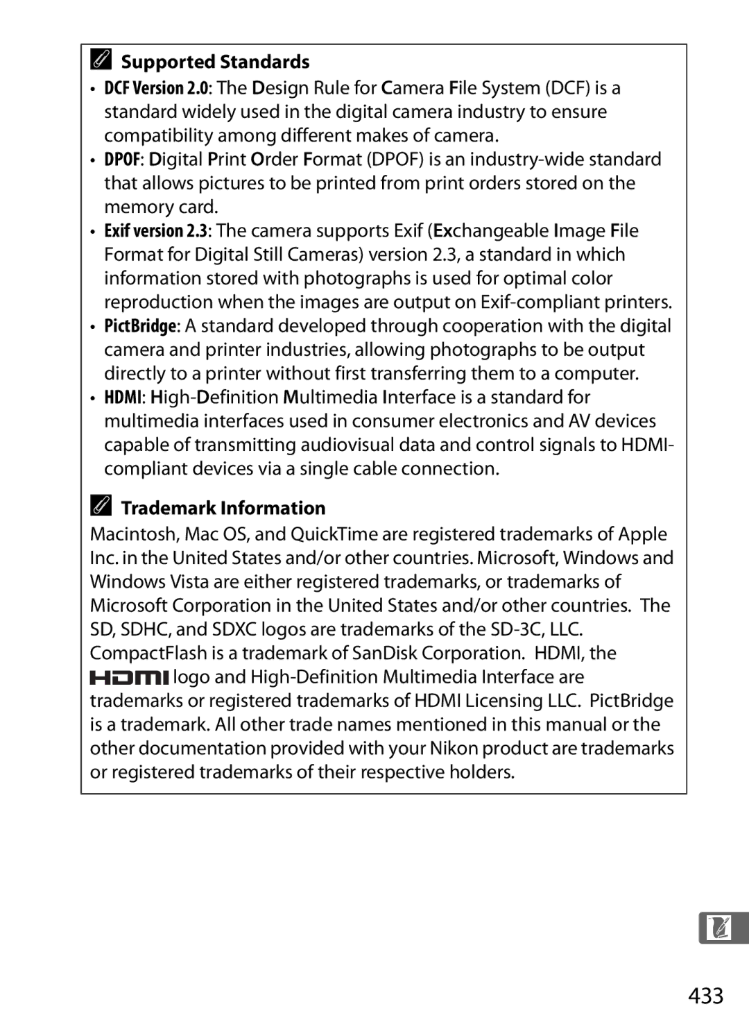 Nikon 25480B, D800EFXBODY, D800 (Body Only), D800 E, D800BODY, 2164+25468 433, Supported Standards, Trademark Information 