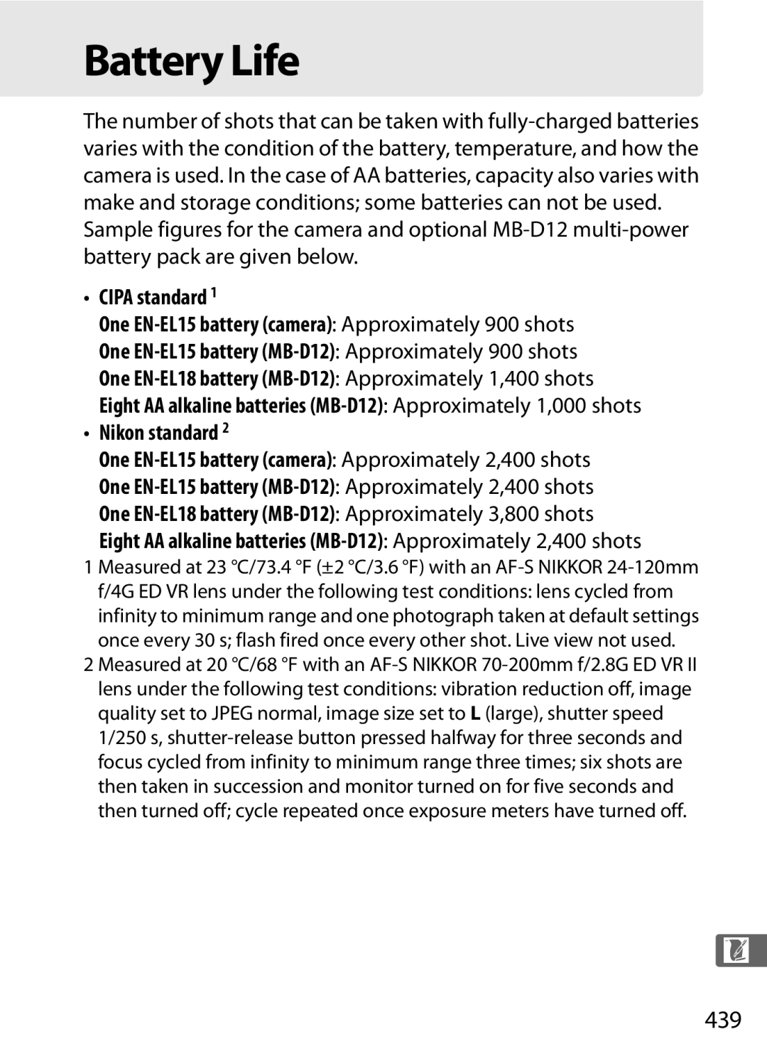 Nikon D800BODY, D800EFXBODY, D800 (Body Only), D800 E (Body Only), 2164+25468, 25480B user manual Battery Life, 439 