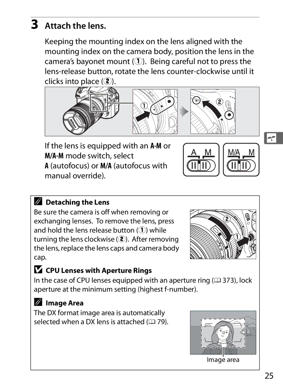 Nikon D800BODY, D800EFXBODY, D800 E, 25480B Attach the lens, Detaching the Lens, CPU Lenses with Aperture Rings, Image Area 