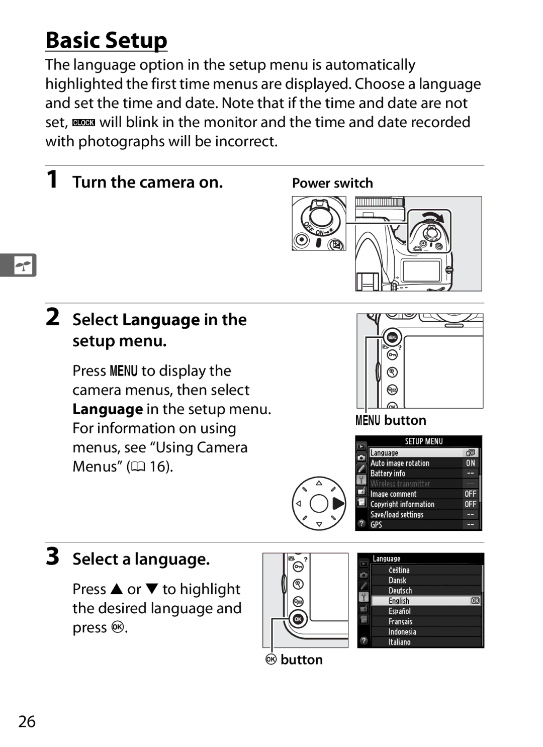 Nikon D800 E (Body Only), D800BODY Basic Setup, Turn the camera on, Select Language in the setup menu, Select a language 