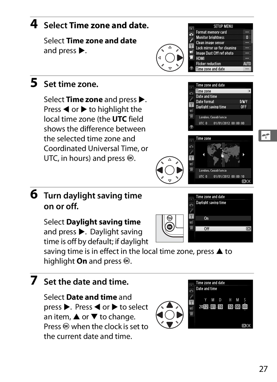 Nikon 2164+25468 Select Time zone and date, Set time zone, Turn daylight saving time on or off, Set the date and time 