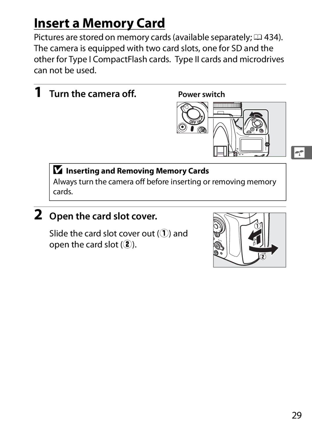 Nikon 25480, D800 Insert a Memory Card, Open the card slot cover, Slide the card slot cover out q and open the card slot w 