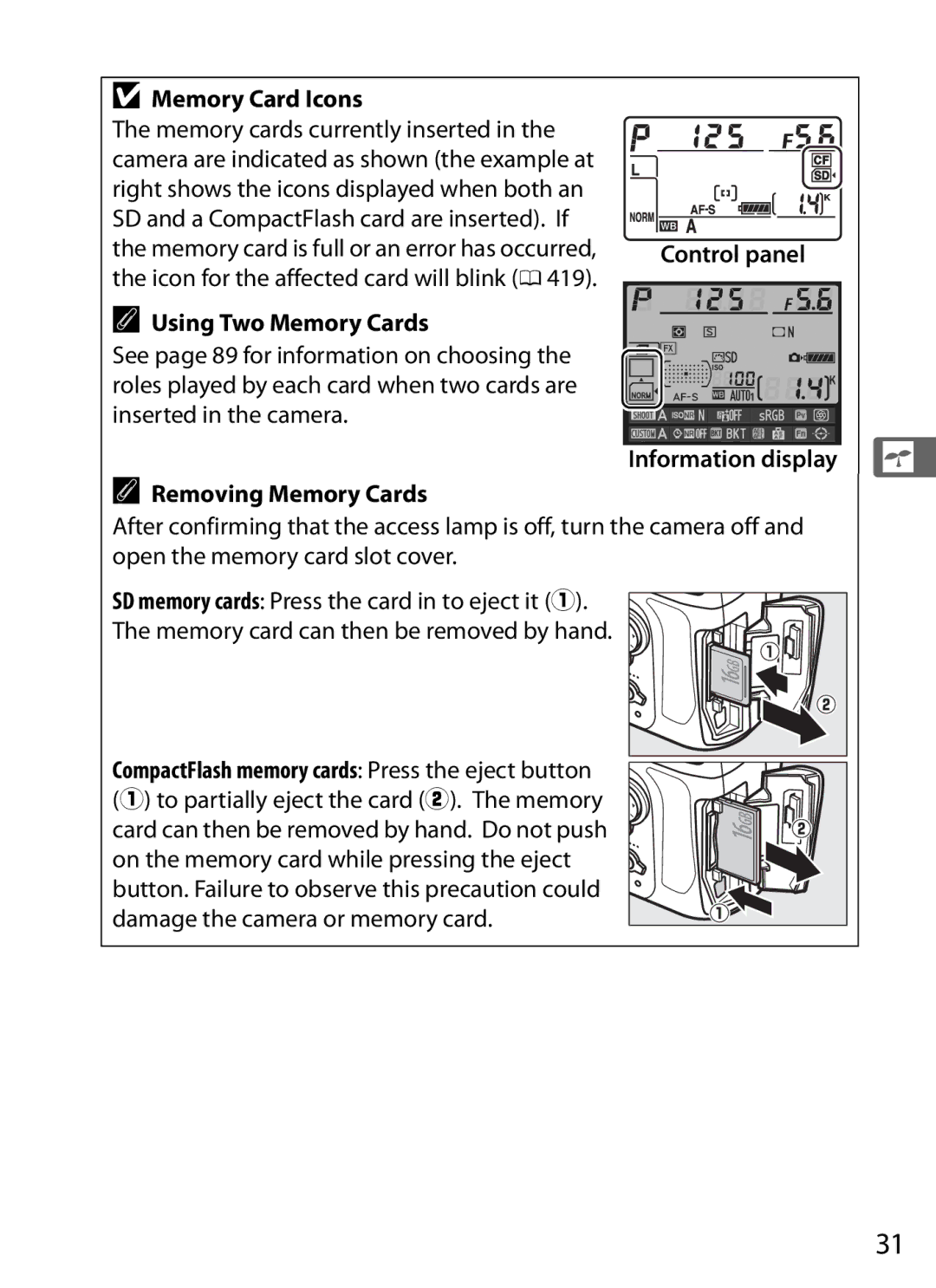 Nikon D800 (Body Only), D800EFXBODY Memory Card Icons, Icon for the affected card will blink 0, Using Two Memory Cards 