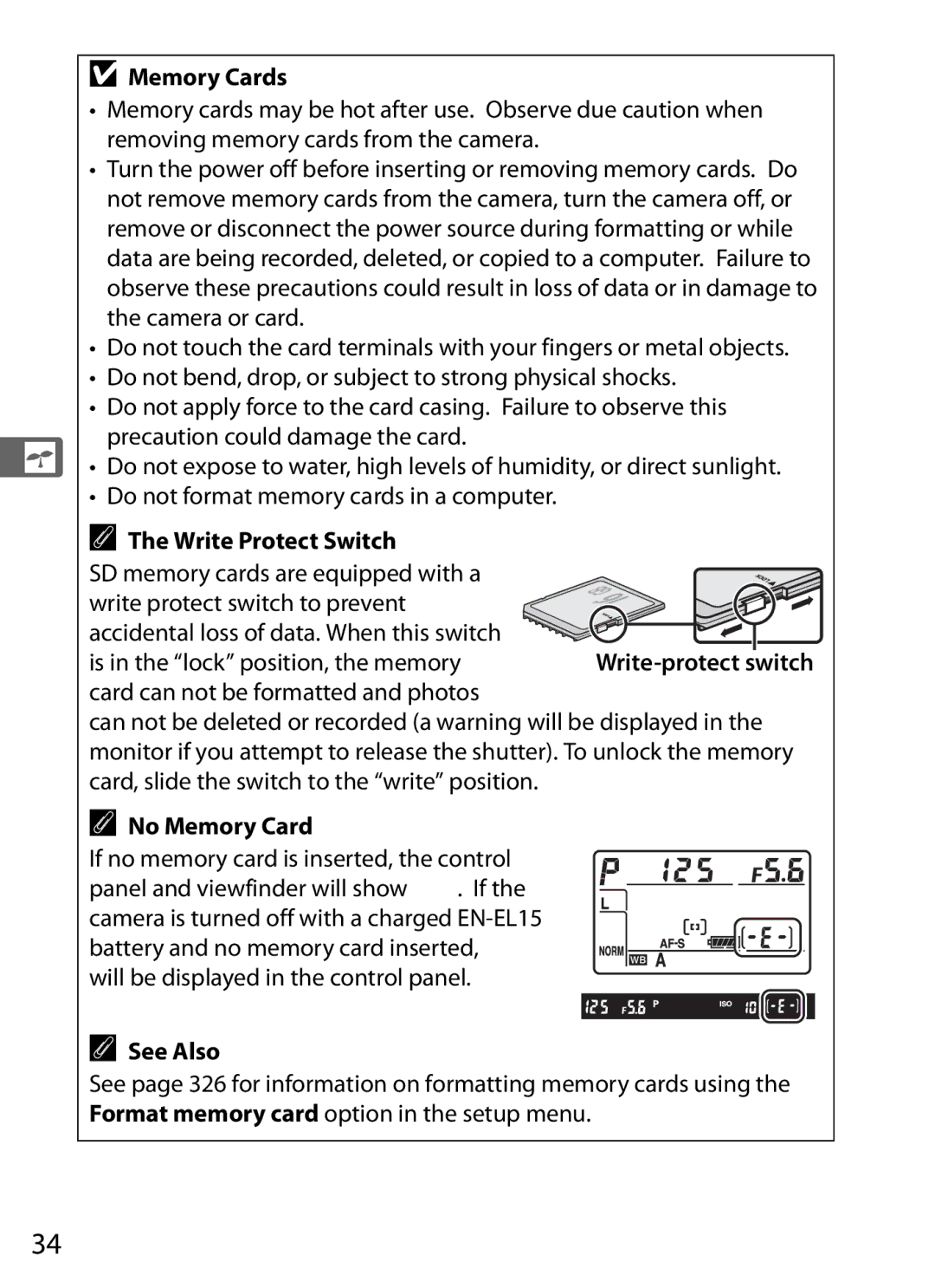 Nikon D800BODY, D800EFXBODY, D800 (Body Only), D800 E (Body Only) Memory Cards, Write Protect Switch, No Memory Card 