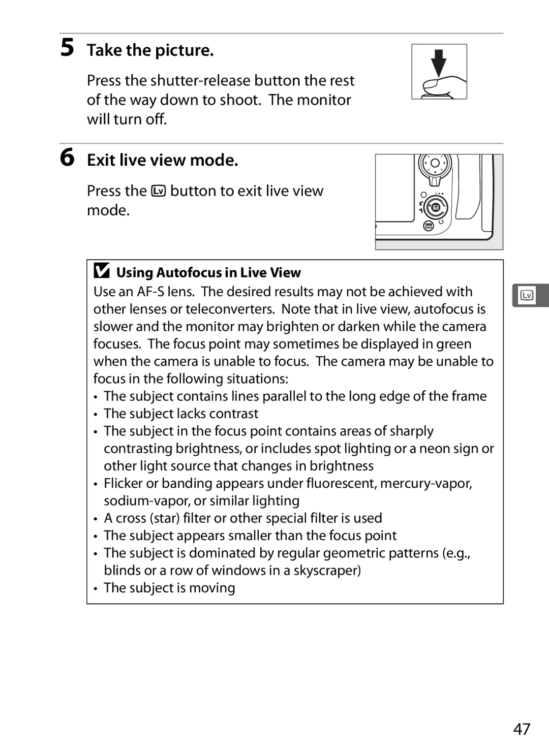 Nikon 25480 Take the picture, Exit live view mode, Press the abutton to exit live view mode, Using Autofocus in Live View 