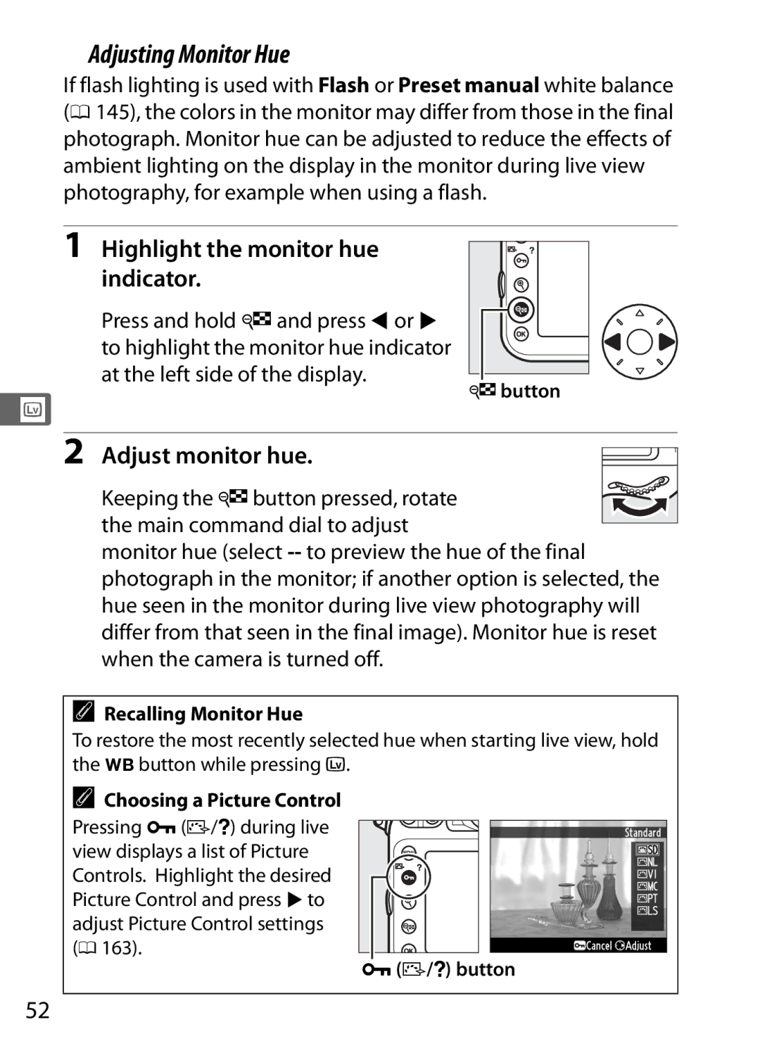 Nikon D800BODY, D800EFXBODY, D800 E Adjusting Monitor Hue, Highlight the monitor hue indicator, Adjust monitor hue, Wbutton 