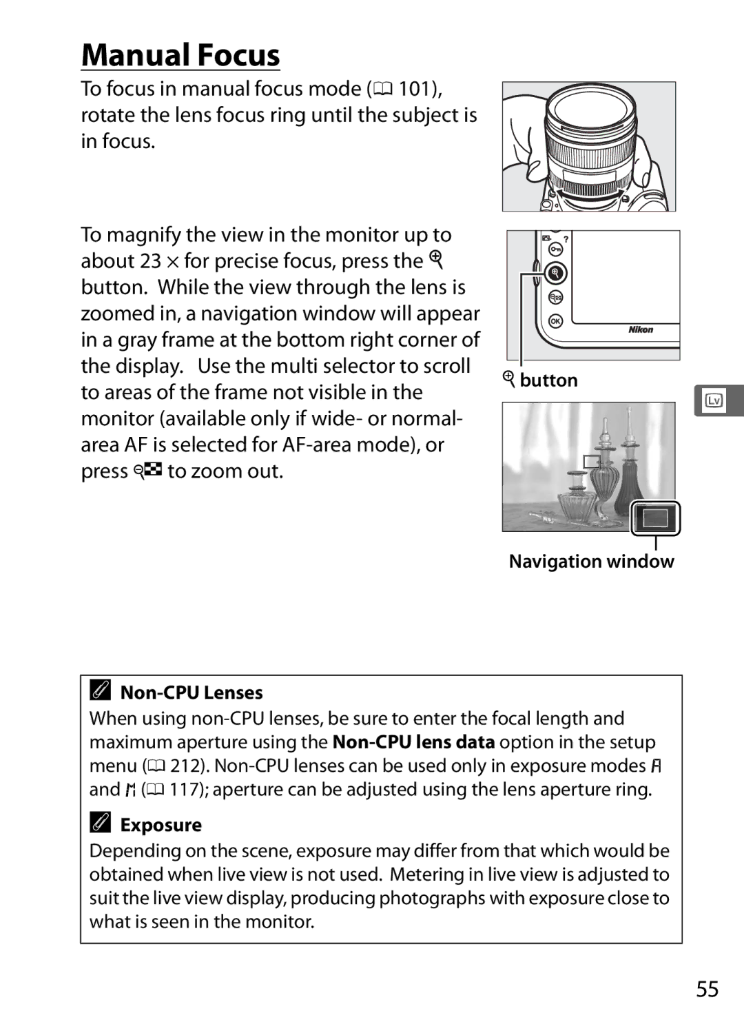 Nikon 25480B, D800EFXBODY, D800 (Body Only), D800 E, D800BODY Manual Focus, Xbutton, Navigation window Non-CPU Lenses 