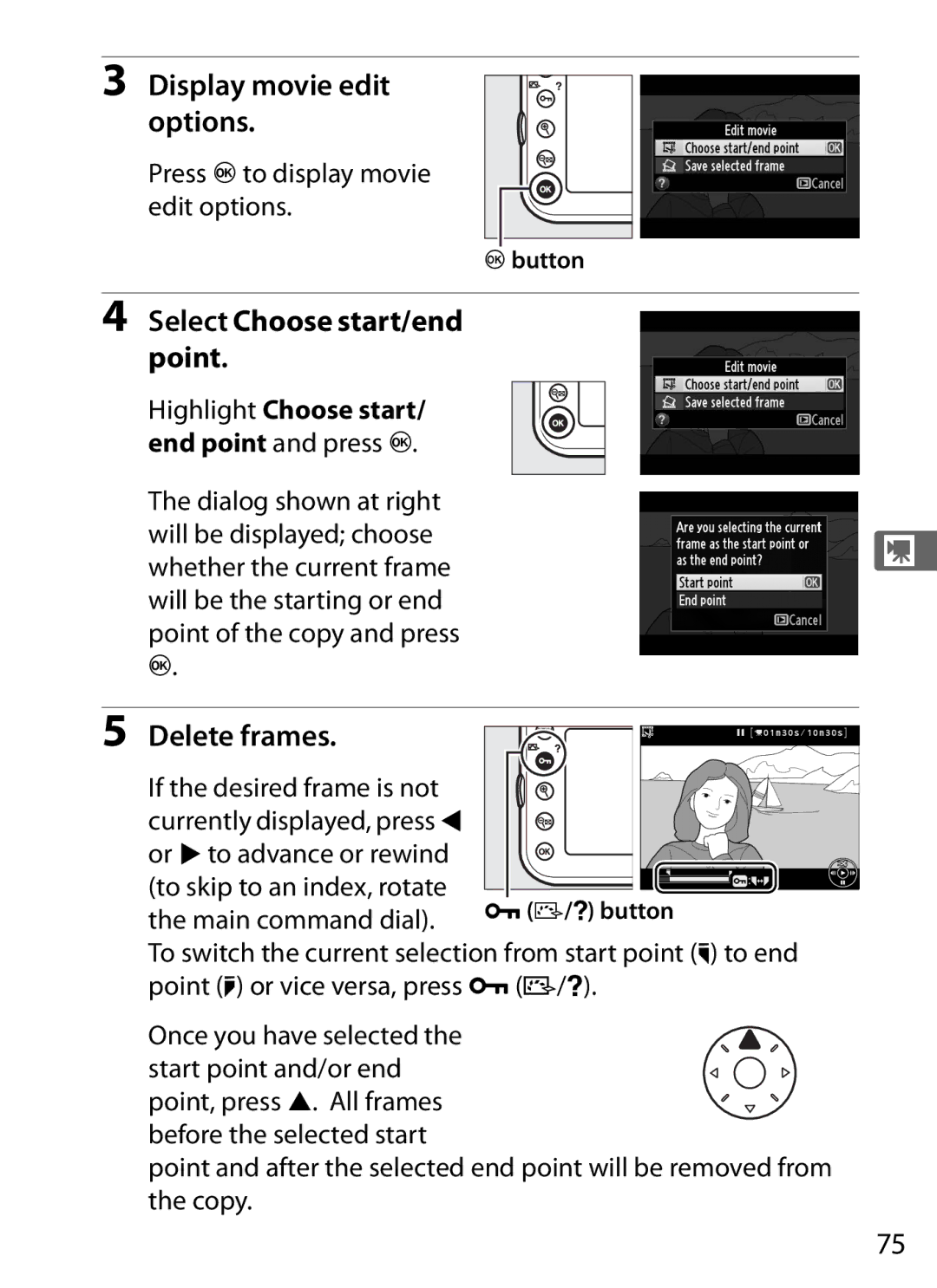 Nikon D800EFXBODY, D800 (Body Only), D800 E, 25480B Display movie edit options, Select Choose start/end point, Delete frames 