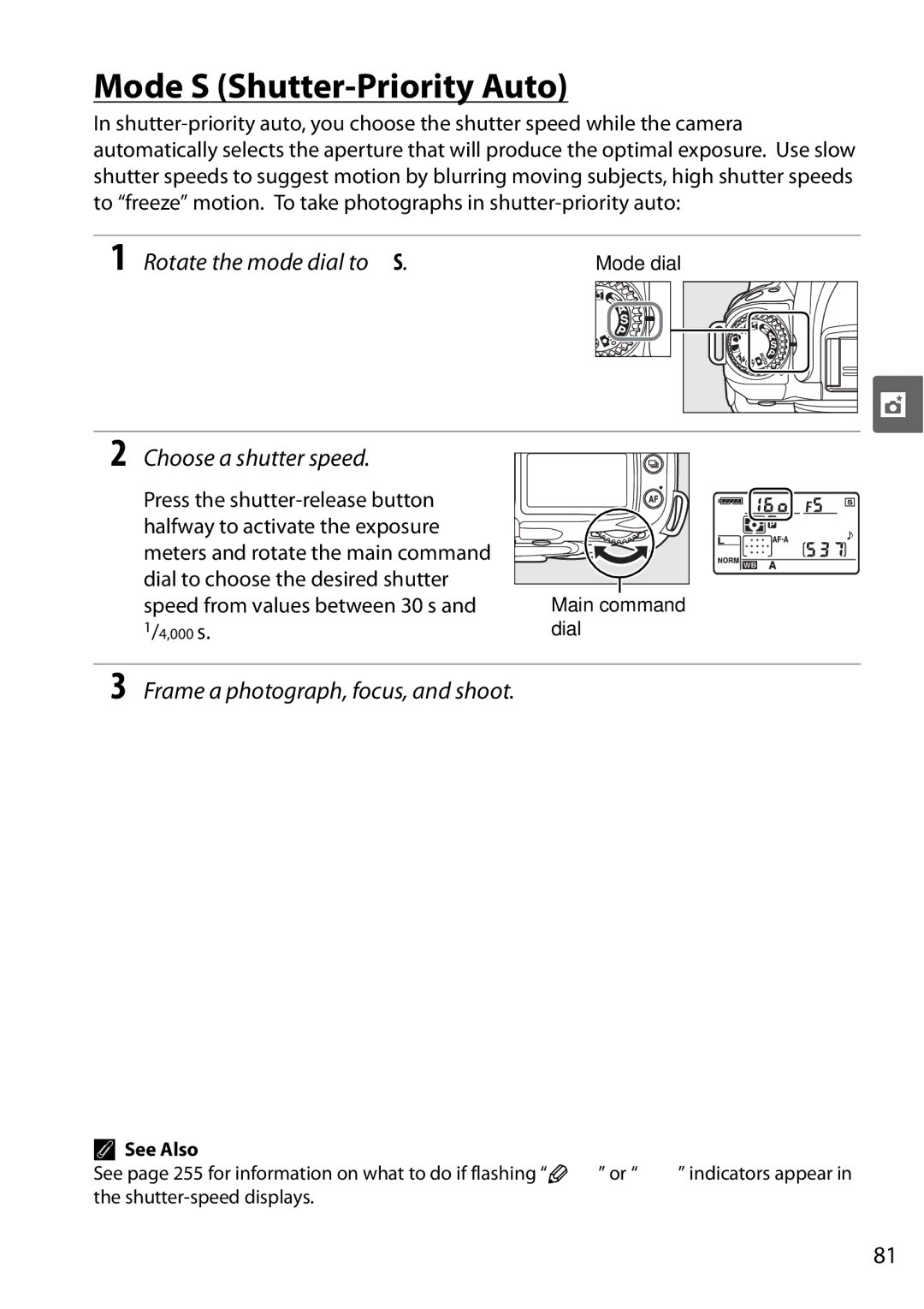 Nikon D90 user manual Mode S Shutter-Priority Auto, Choose a shutter speed 