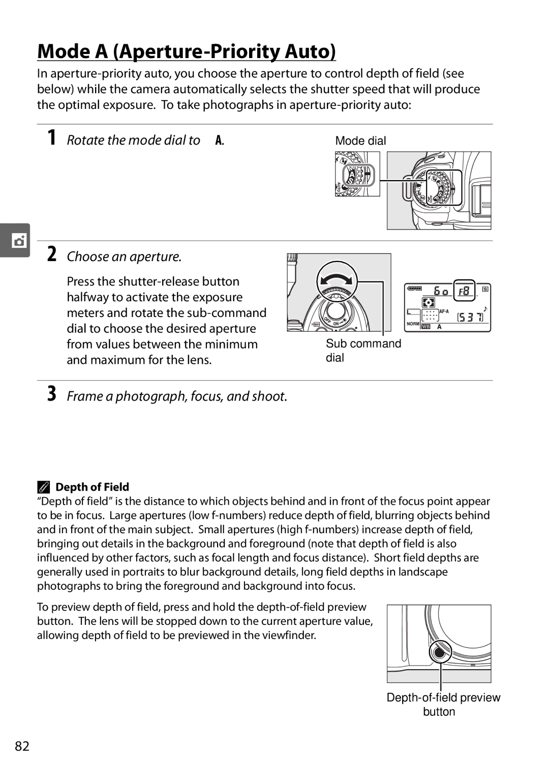 Nikon D90 user manual Mode a Aperture-Priority Auto, Choose an aperture, Depth of Field 