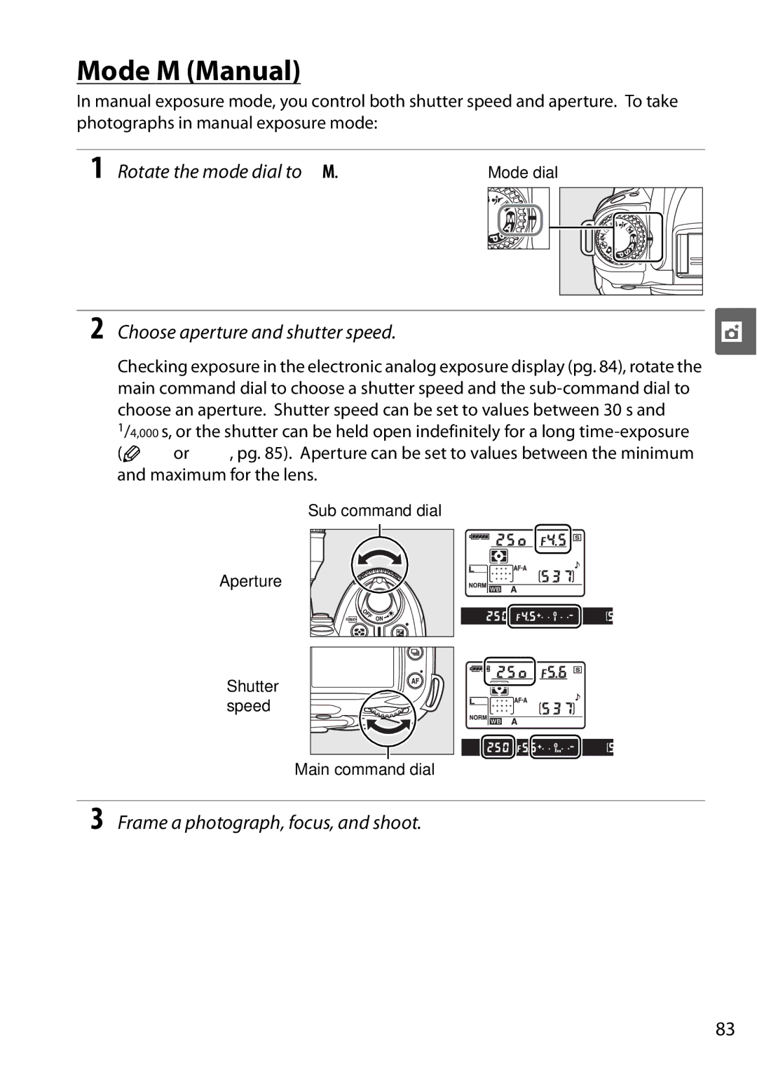 Nikon D90 user manual Mode M Manual, Choose aperture and shutter speed 