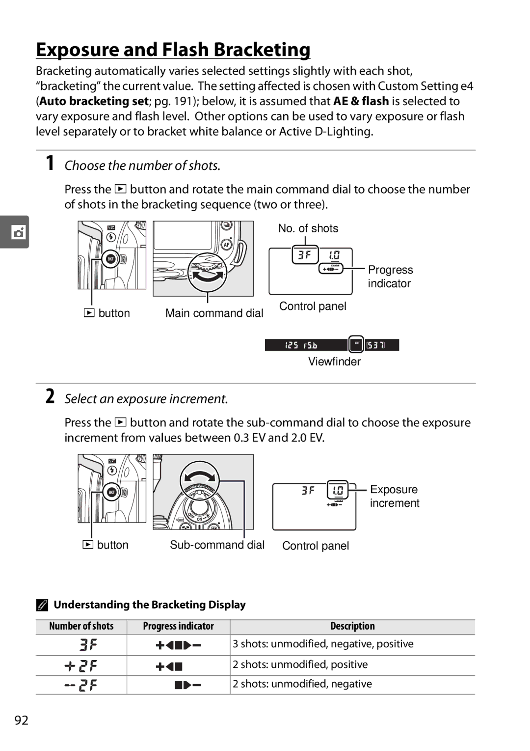 Nikon D90 user manual Exposure and Flash Bracketing, Choose the number of shots, Select an exposure increment 