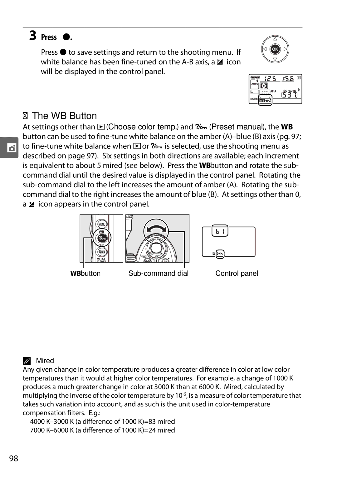 Nikon D90 user manual WB Button, Press J, Mired 