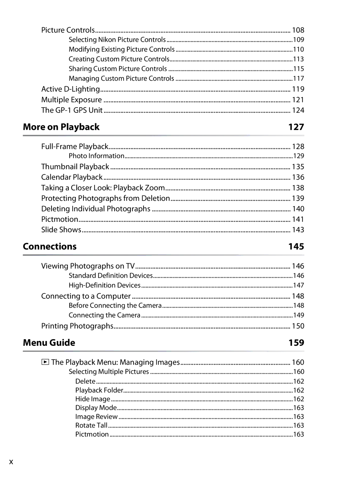 Nikon D90 user manual More on Playback 127, Connections 145, Menu Guide 159 