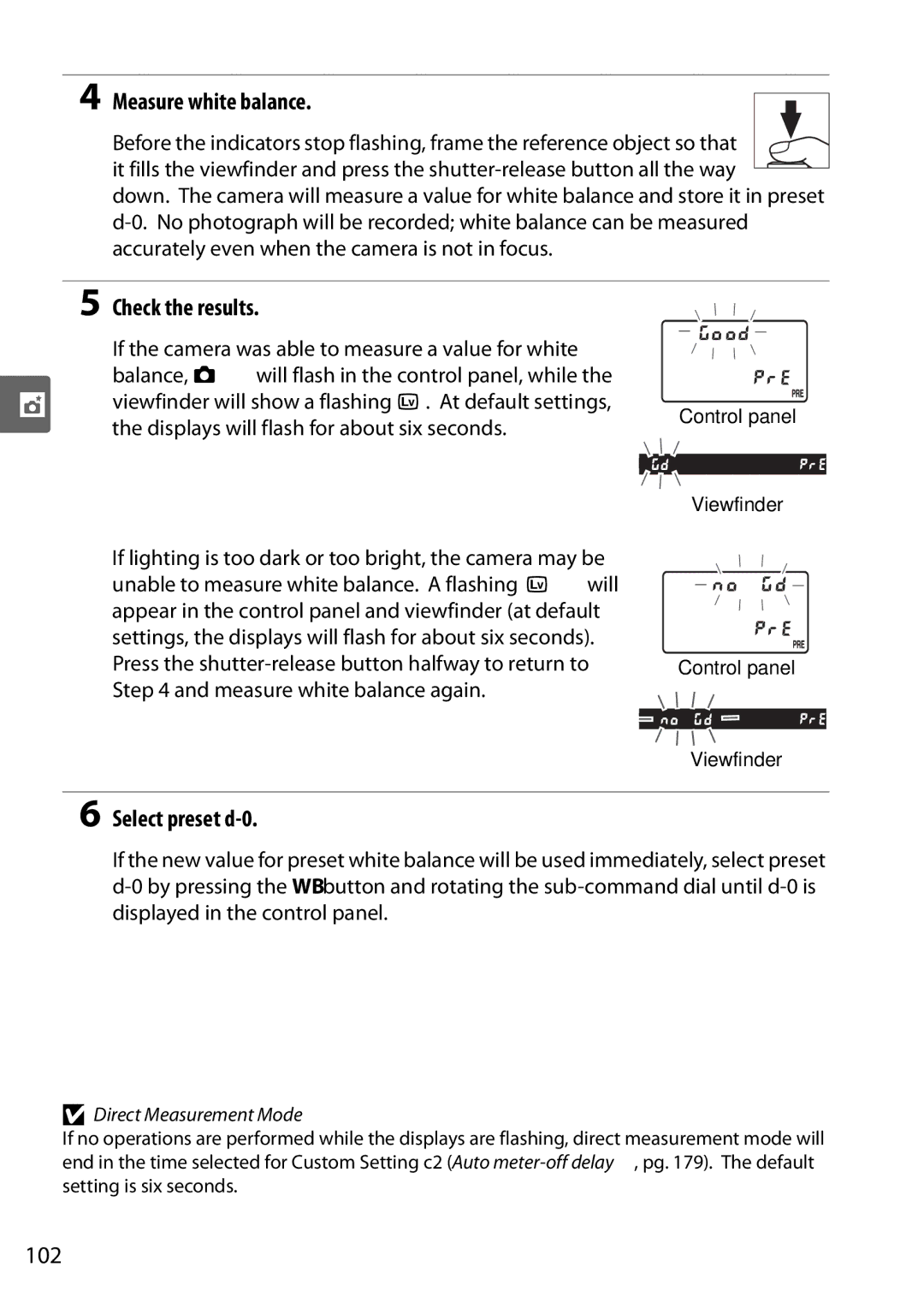 Nikon D90 user manual Measure white balance, Check the results, Select preset d-0, 102 