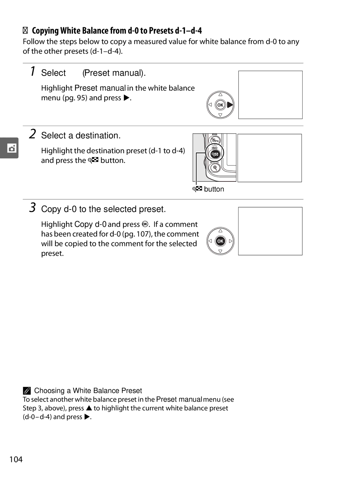 Nikon D90 user manual Copying White Balance from d-0 to Presets d-1-d-4, Select LPreset manual, Select a destination, 104 