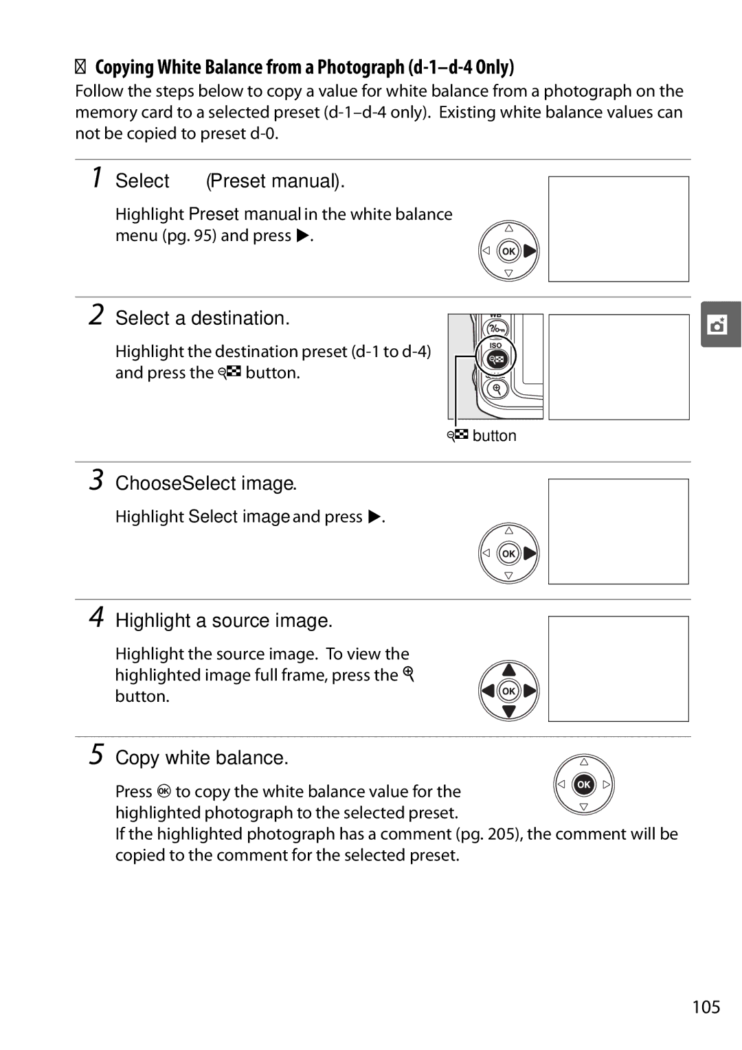 Nikon D90 Copying White Balance from a Photograph d-1-d-4 Only, Choose Select image, Highlight a source image, 105 