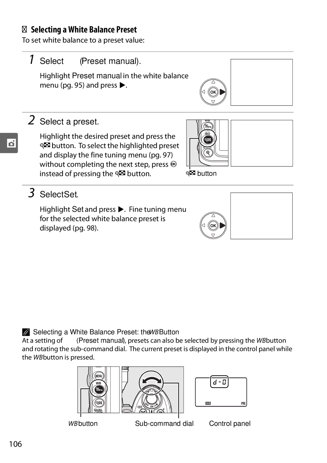 Nikon D90 Selecting a White Balance Preset, Select a preset, Select Set, 106, To set white balance to a preset value 