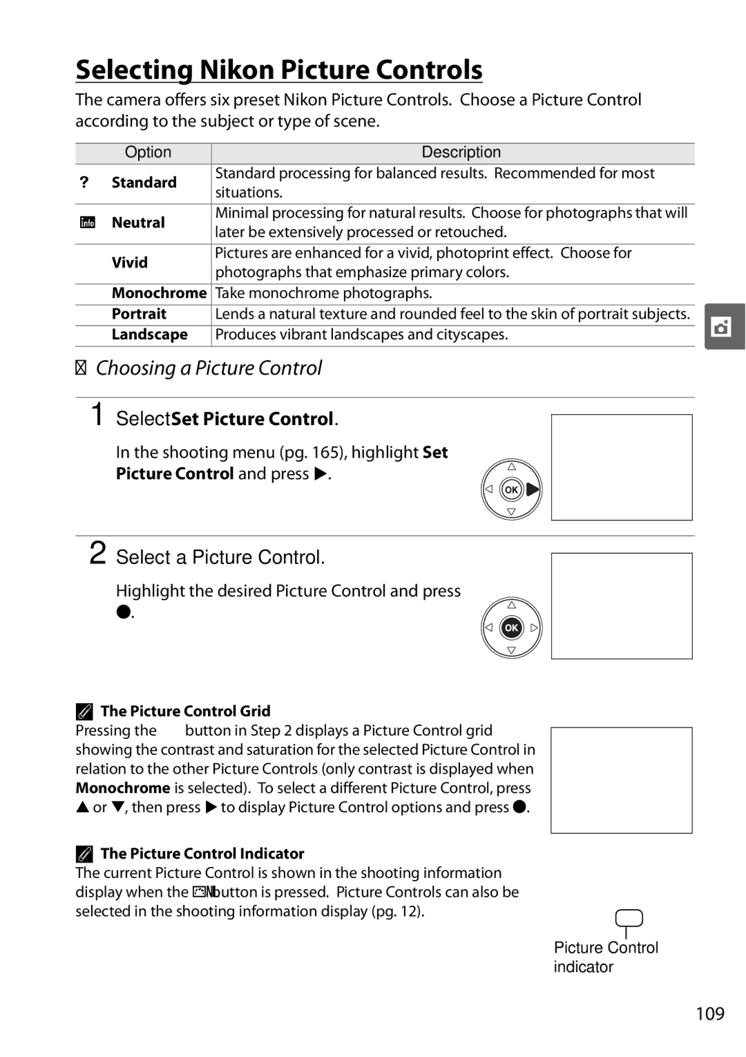 Nikon D90 user manual Selecting Nikon Picture Controls, Choosing a Picture Control, Select Set Picture Control, 109 