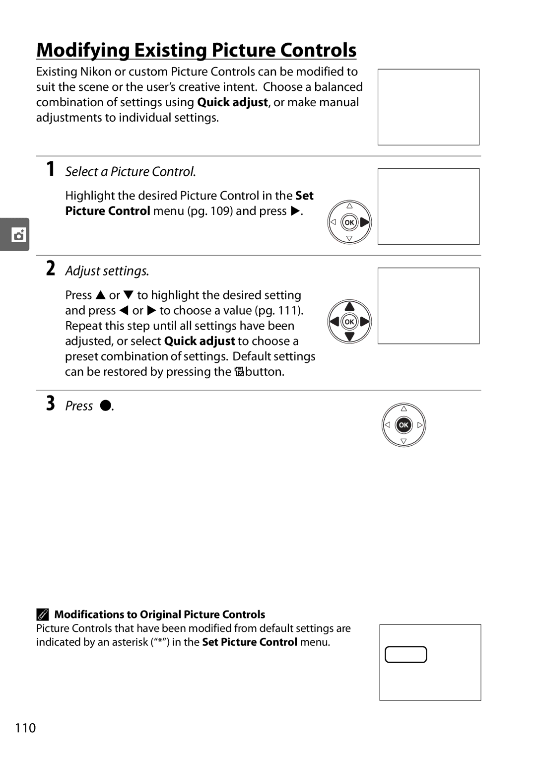 Nikon D90 user manual Modifying Existing Picture Controls, Adjust settings, 110, Modifications to Original Picture Controls 