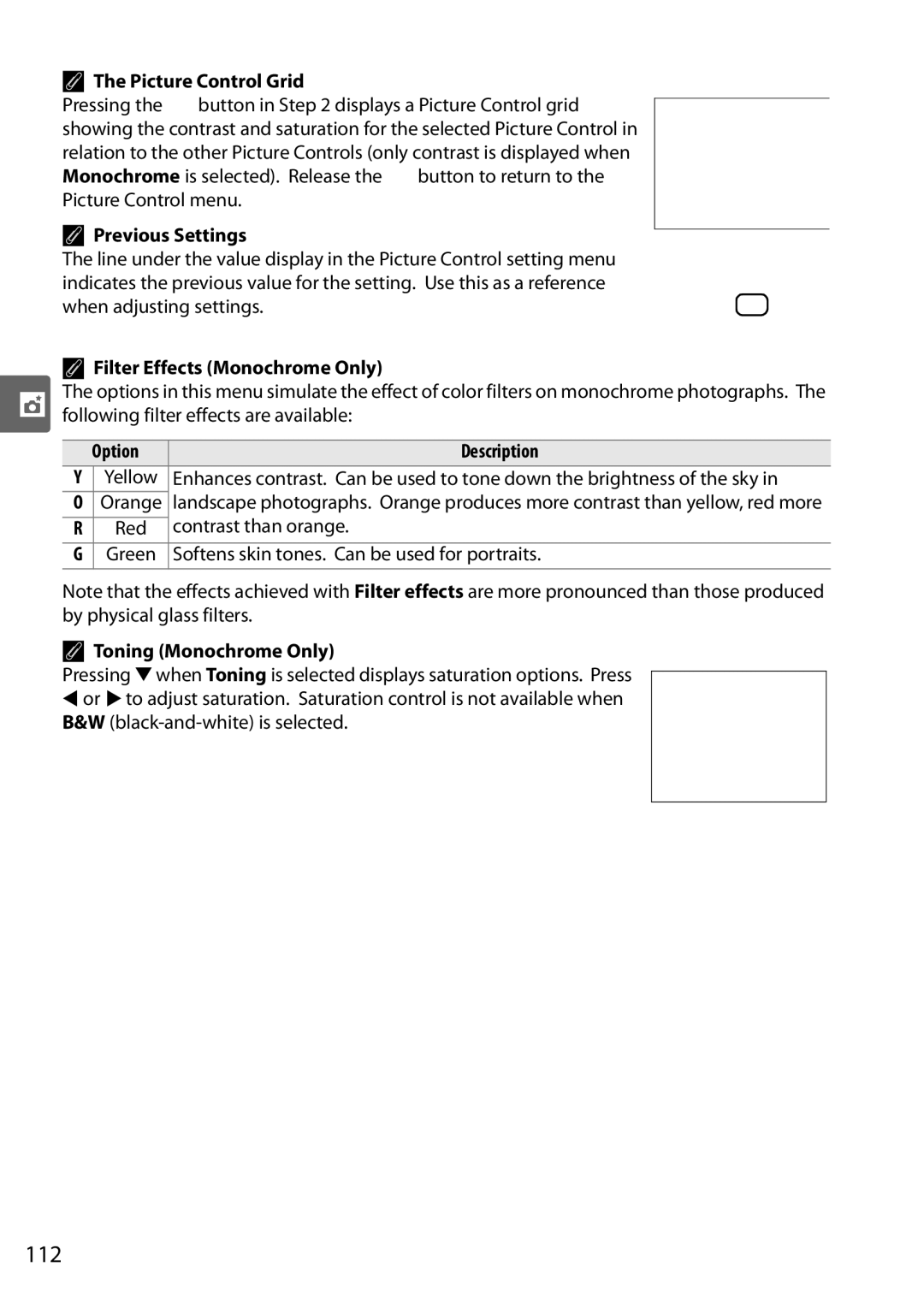 Nikon D90 user manual 112, Previous Settings, Filter Effects Monochrome Only, Toning Monochrome Only 