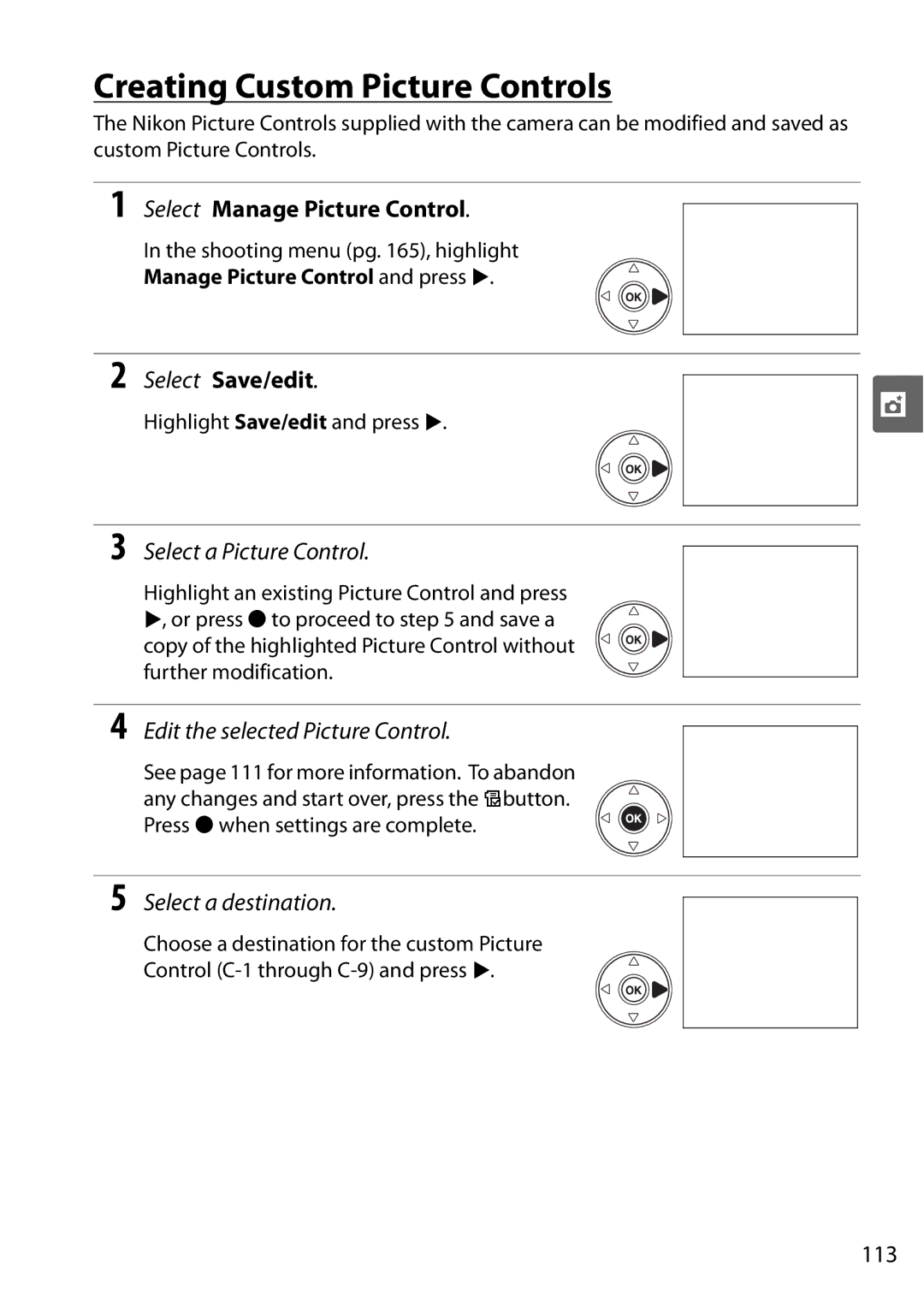 Nikon D90 user manual Creating Custom Picture Controls, Select Manage Picture Control, Select Save/edit, 113 