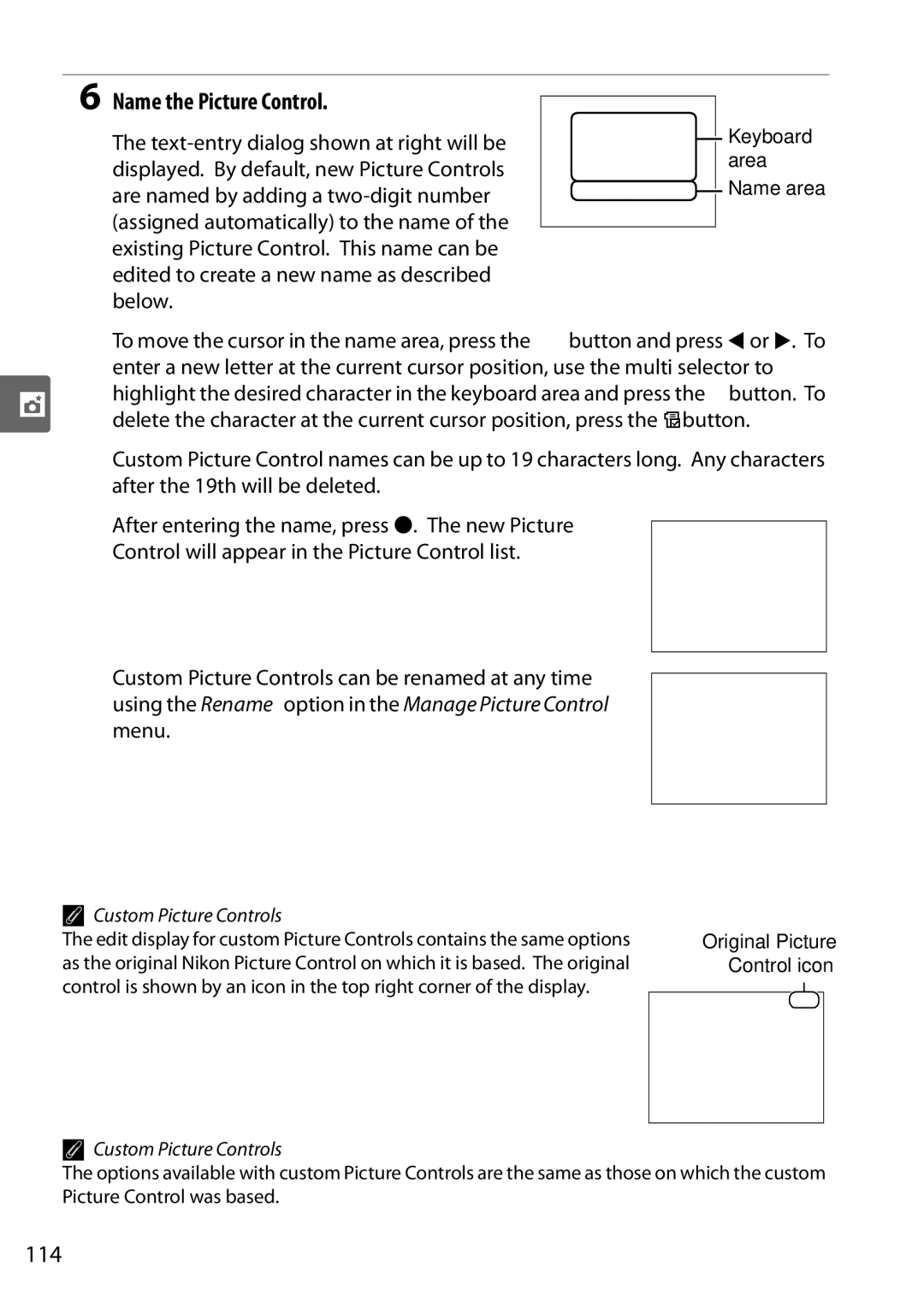 Nikon D90 user manual Name the Picture Control, 114, Custom Picture Controls 