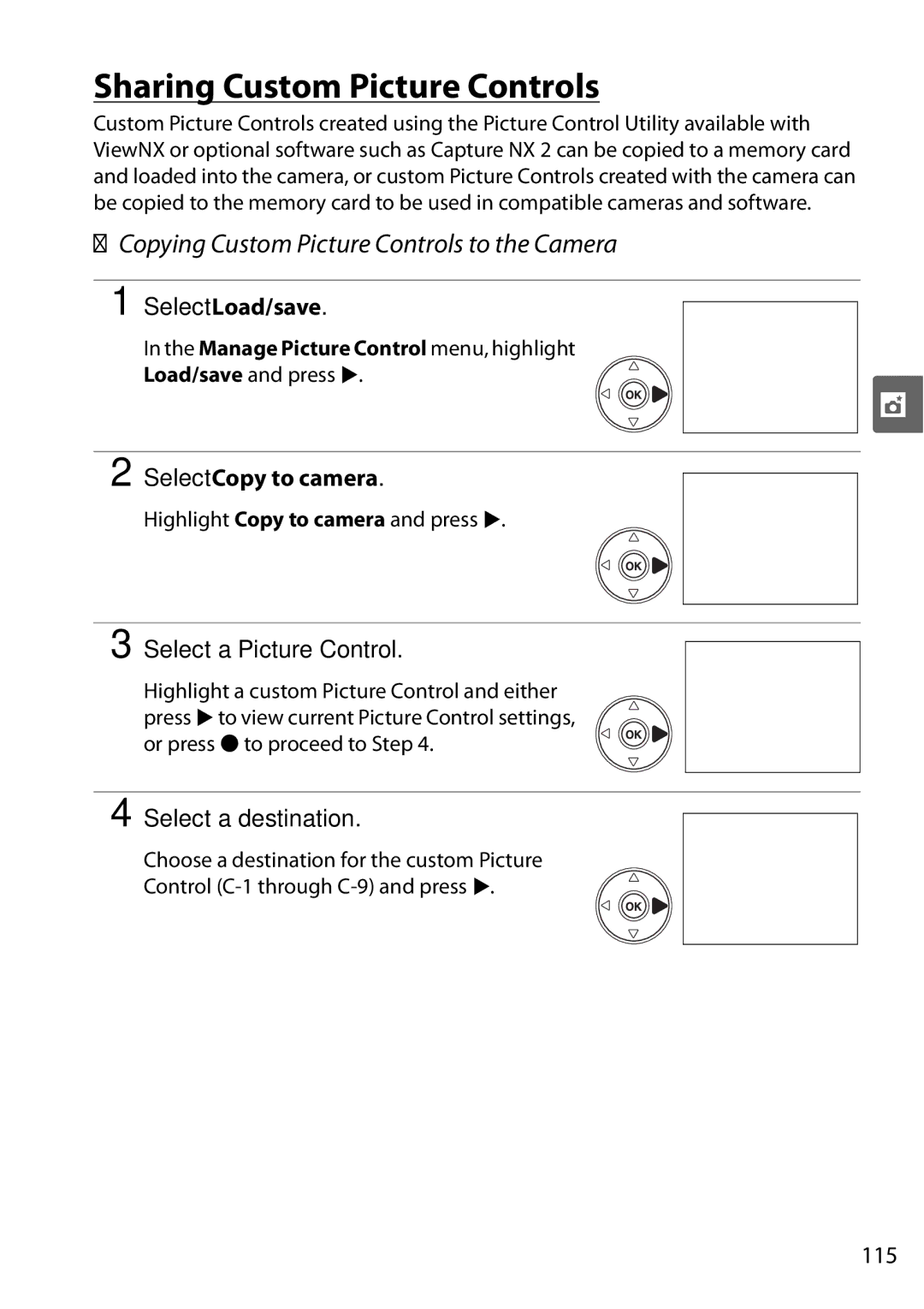 Nikon D90 user manual Sharing Custom Picture Controls, Copying Custom Picture Controls to the Camera, Select Load/save, 115 