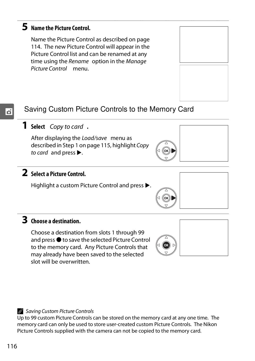 Nikon D90 user manual Saving Custom Picture Controls to the Memory Card, Select Copy to card, Choose a destination, 116 