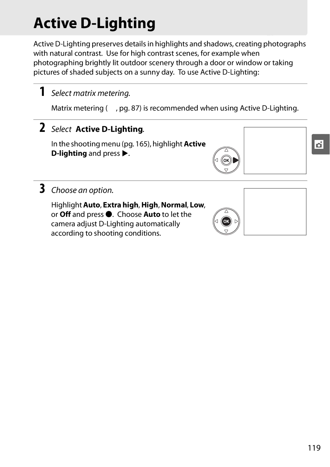 Nikon D90 user manual Select matrix metering, Select Active D-Lighting, Choose an option, 119 