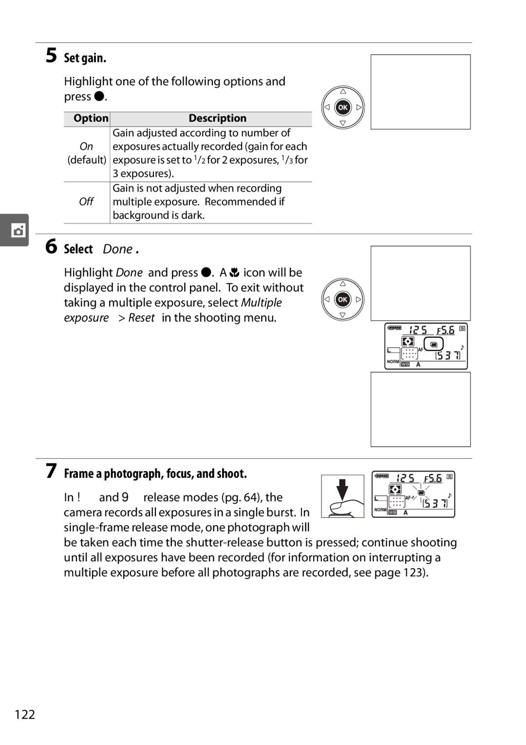 Nikon D90 user manual Set gain, Select Done, 122, Highlight one of the following options and press J 