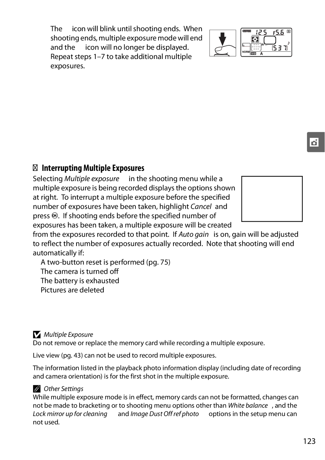 Nikon D90 user manual Interrupting Multiple Exposures, 123, Other Settings 