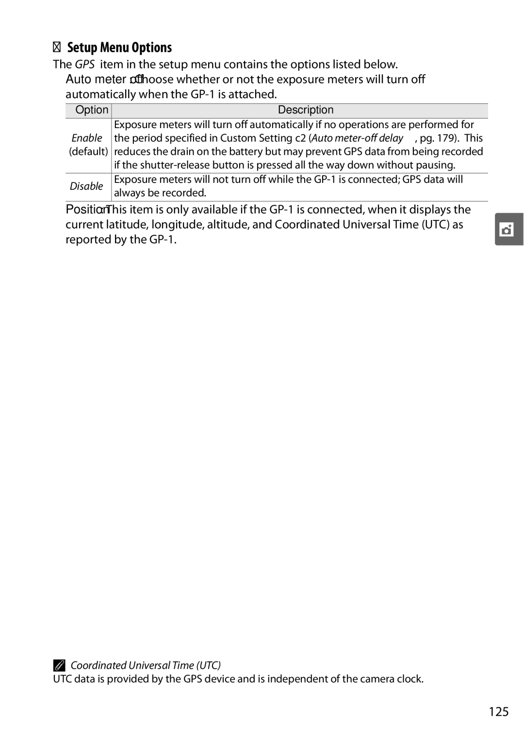 Nikon D90 user manual Setup Menu Options, 125, Always be recorded, Coordinated Universal Time UTC 