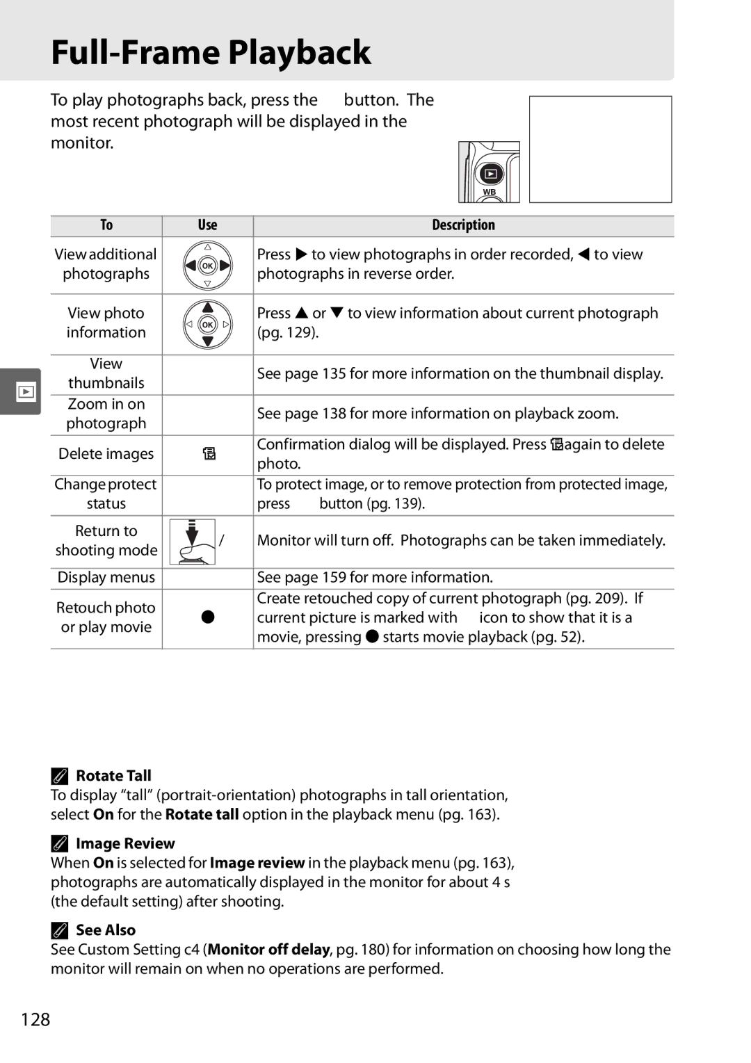 Nikon D90 user manual Full-Frame Playback, 128, Rotate Tall, Image Review 