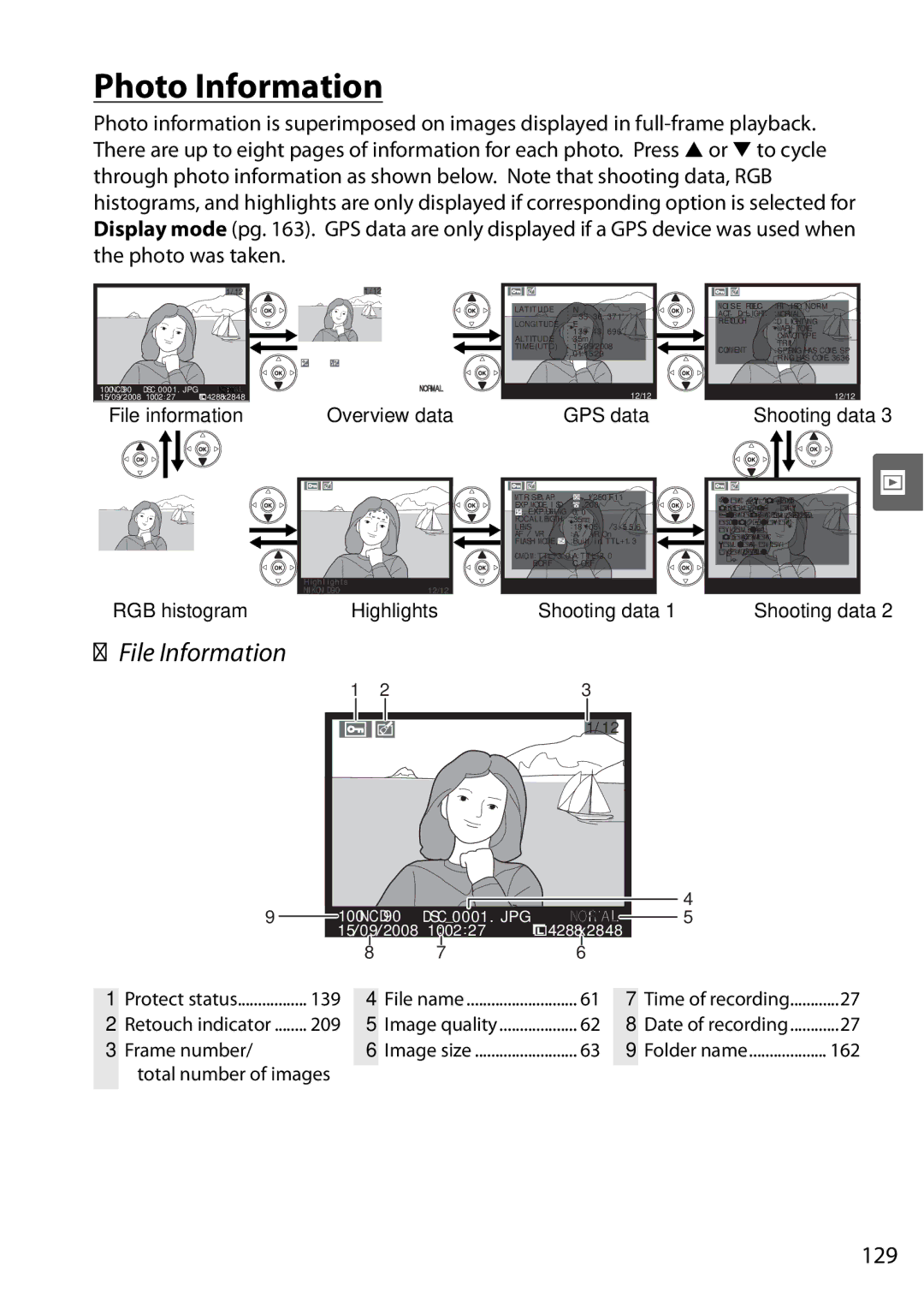 Nikon D90 user manual Photo Information, File Information, 129, Protect status 139 File name, 209 